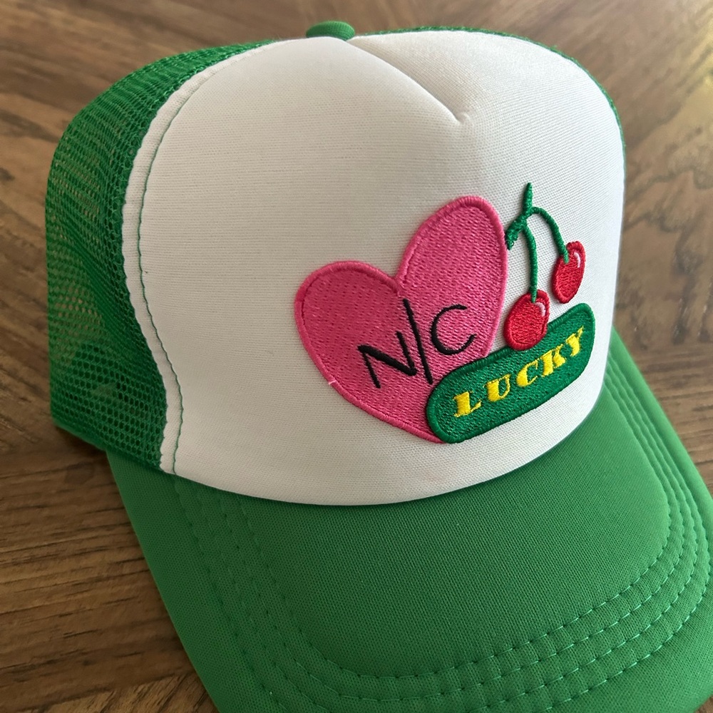 Green and White Trucker Hat with Pink Heart and Cherry Design